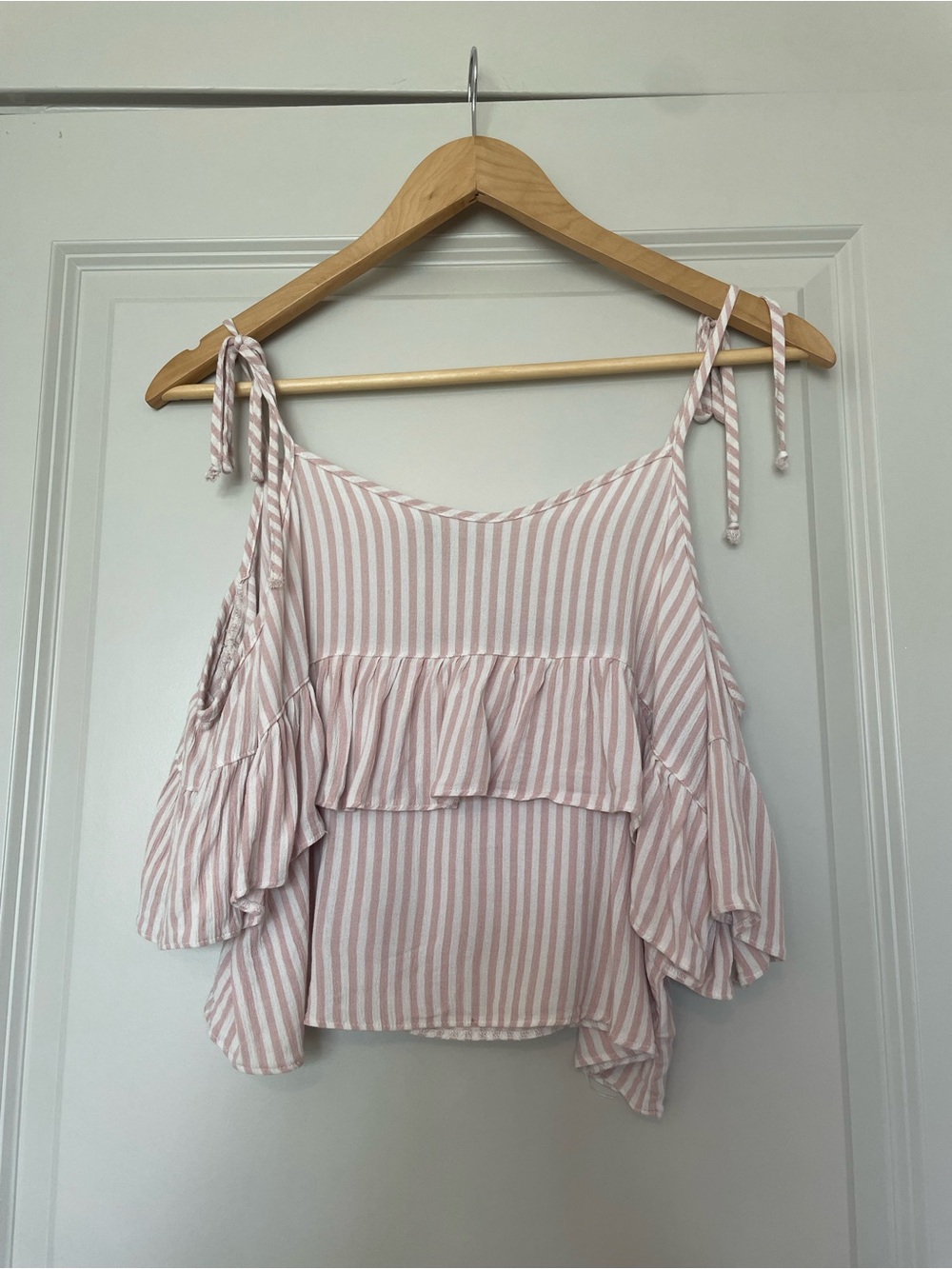American Eagle Outfitters Pink and White Striped Ruffle Tie-Shoulder Camisole